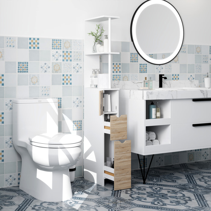 Columna Auxiliar de Baño Estrecha Armario Alto de Baño Moderno Mueble Auxiliar con 2 Estantes 2 Cajones y 1 Puerta Antivuelco 15x33x136,8 cm Natural