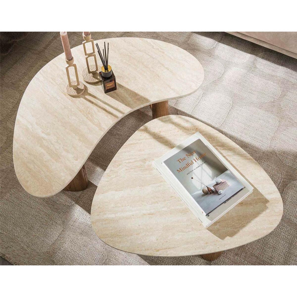 Mohea - lot de 2 tables basses gigognes - effet travertin et bois - 88 et 65 cm - Bois / Blanc