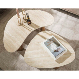 Mohea - lot de 2 tables basses gigognes - effet travertin et bois - 88 et 65 cm - Bois / Blanc