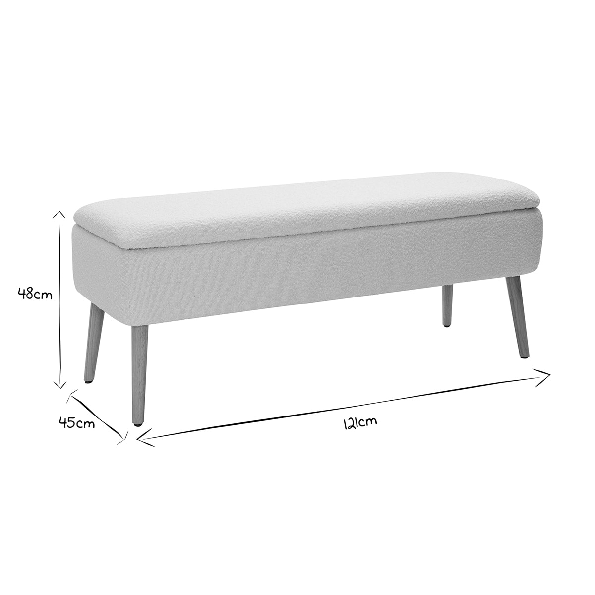 Banc coffre effet laine bouclée blanc et bois clair massif L120 cm LARS