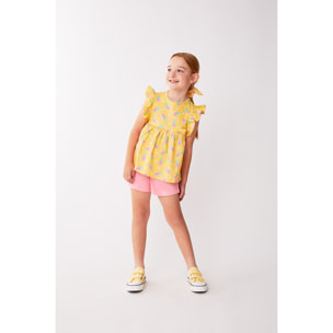Conjunto Niña Verano 2 Piezas Top Limonada Estampado Piñas + Shorts Cortos Rosa en Algodón Suave Transpirable | Color: Limonada | Street Monkey