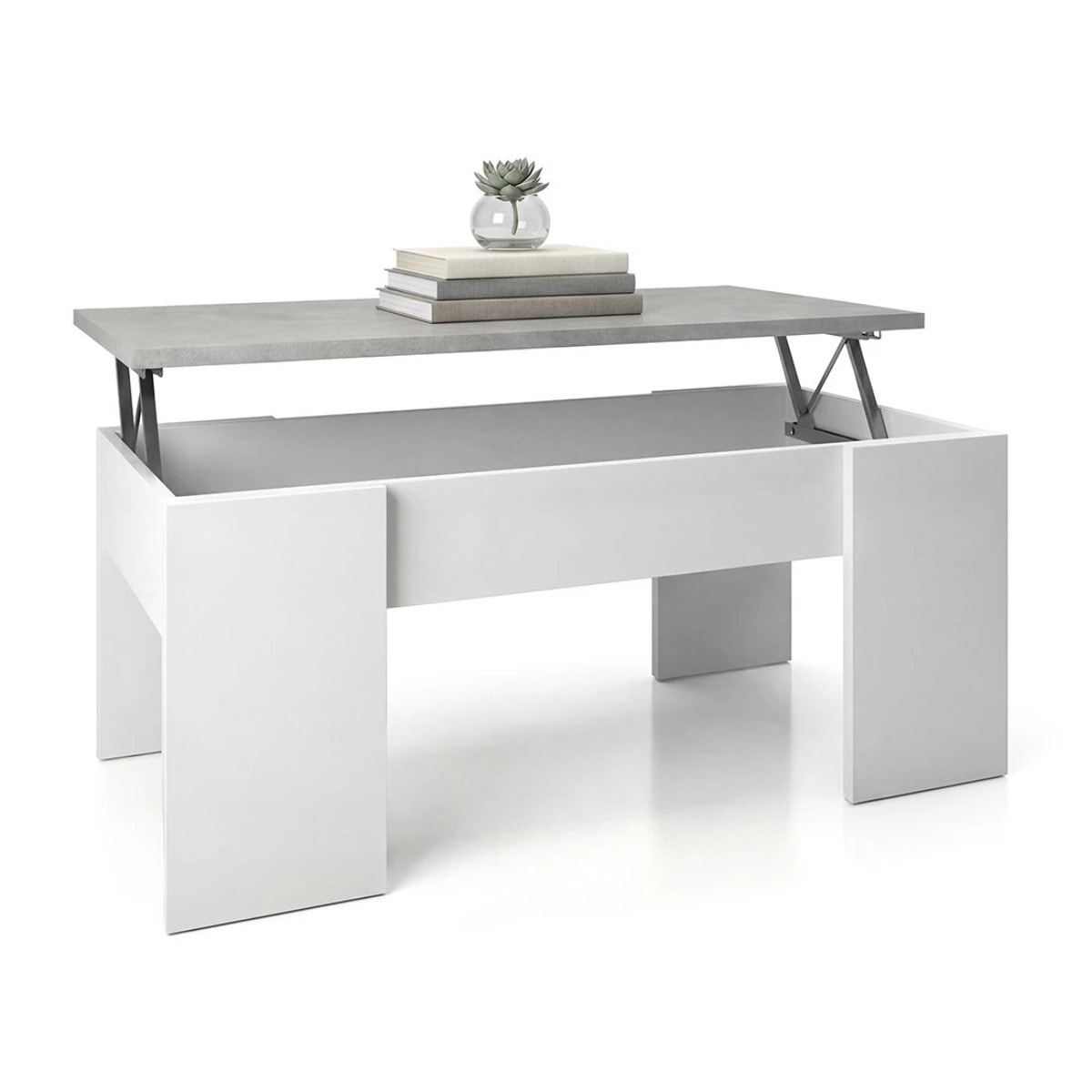Mesa de centro elevable con almacenaje en blanco artick y gris cemento 100x45-56 cm Vita Blanco Artik (Blanco Mate) - Gris Cemento
