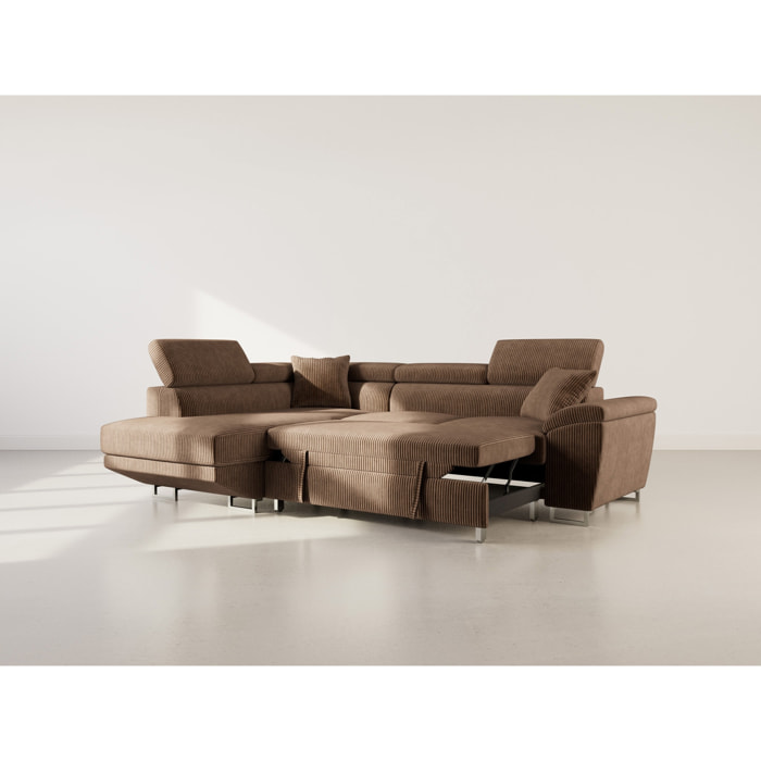 Baoji - Canapé d'angle gauche 5 places convertible avec têtières et coffre en velours côtelé - Marron