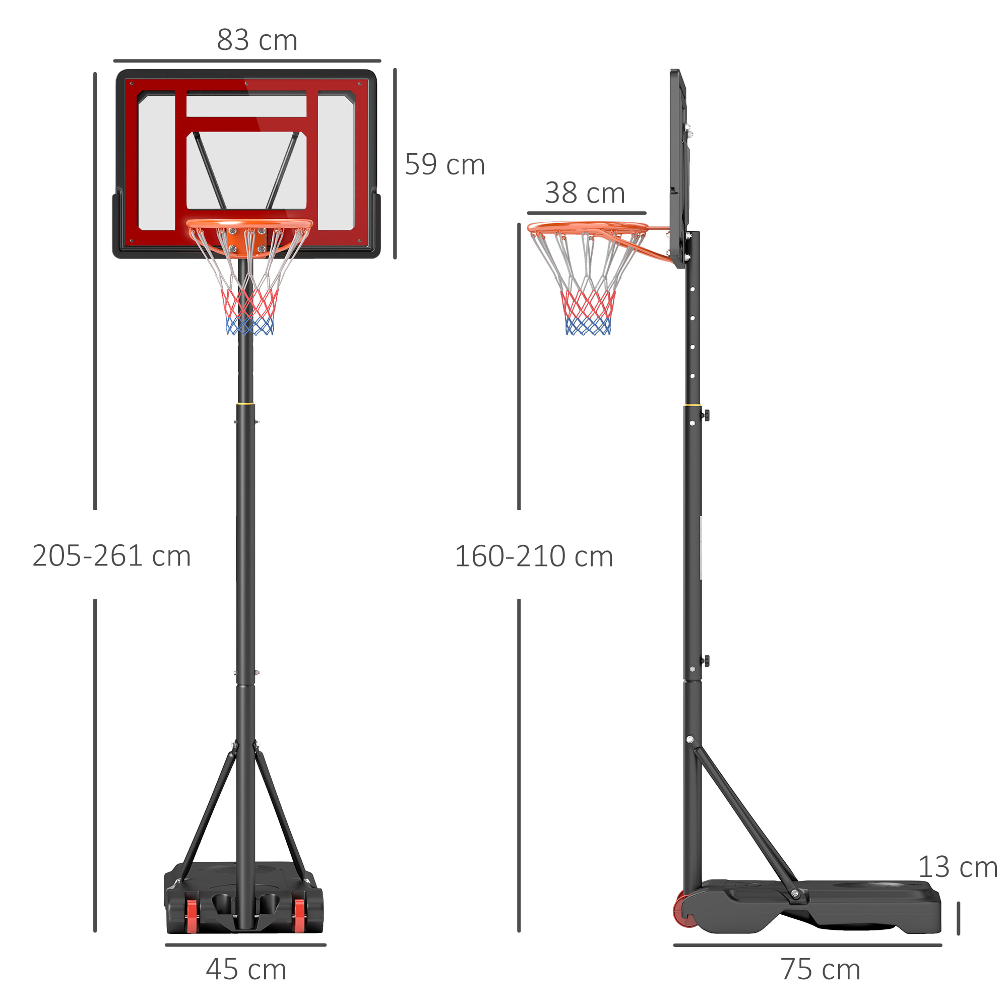 Panier de basketball sur pied hauteur réglable H.160–210 cm lestage roulettes noir rouge