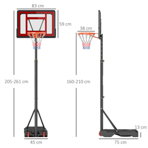 Panier de basketball sur pied hauteur réglable H.160–210 cm lestage roulettes noir rouge