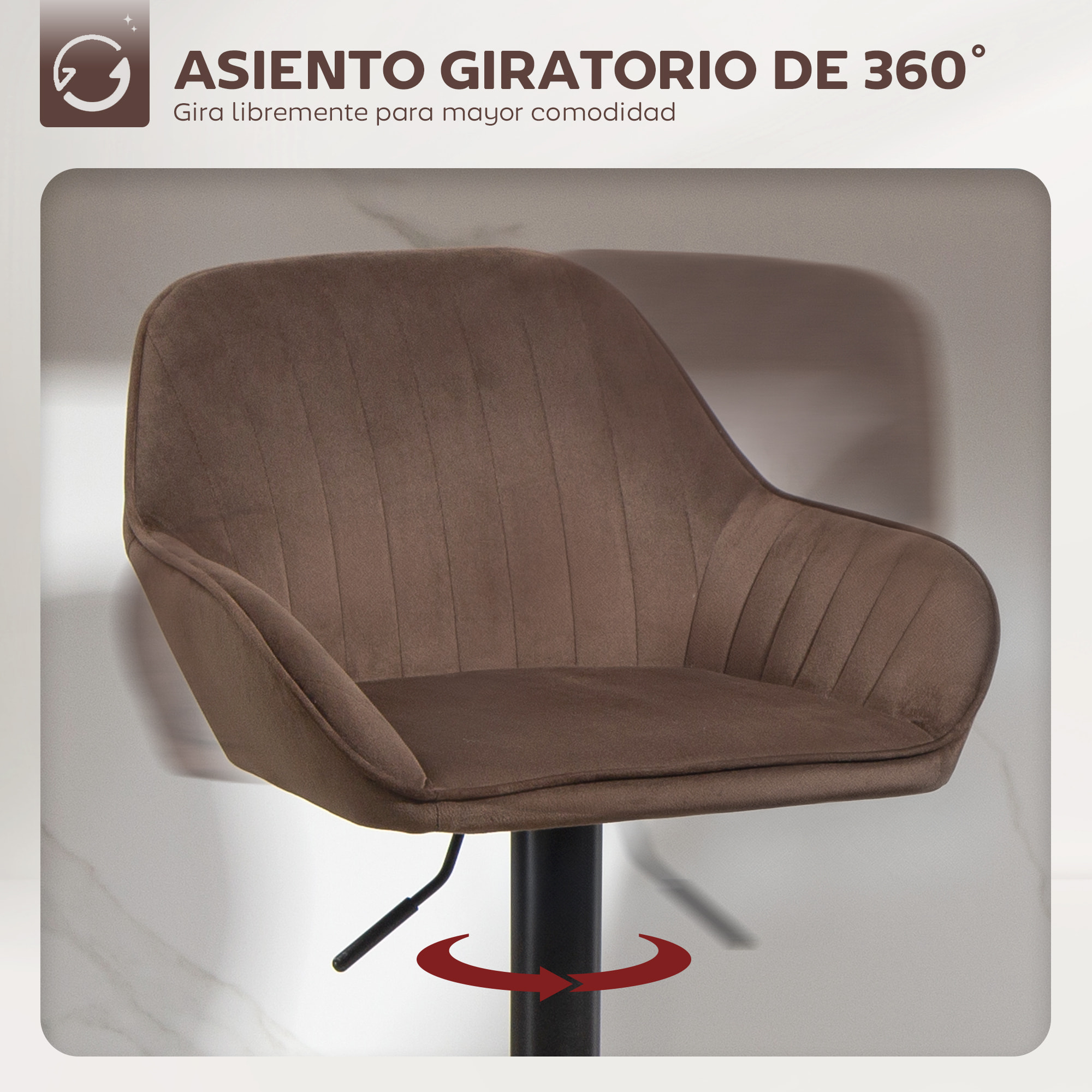 Juego de 2 Taburetes de Bar Giratorios, Taburetes Altos de Cocina con Altura Ajustable 62-83 cm, Sillas Altas de Cocina, Tapizada en Terciopelo, Respaldo y Reposapiés, Marrón