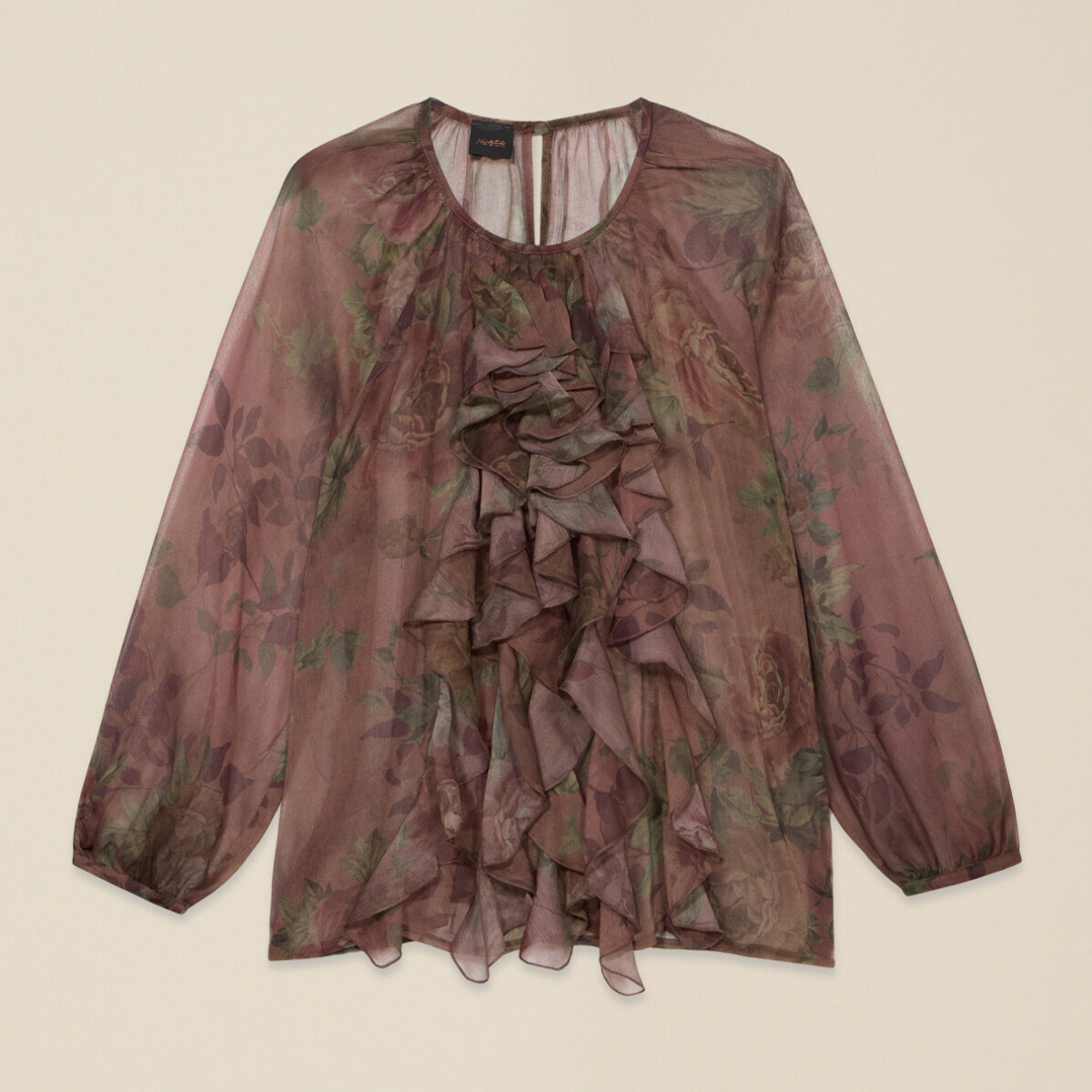 Oltre - Blusa fantasia con volant - Marrone
