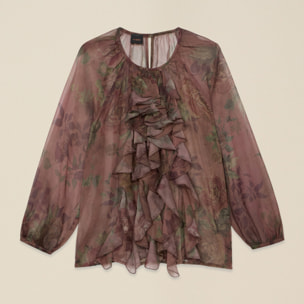 Oltre - Blusa fantasia con volant - Marrone