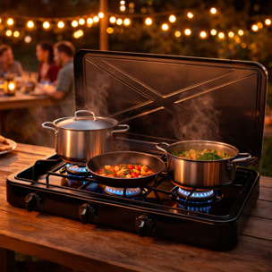 Fornello A Gas Portatile 2 Fuochi con Coperchio Piano Cottura Campeggio GPL Gas Naturale Fornello da Camping In Acciaio Con Griglie Smaltate