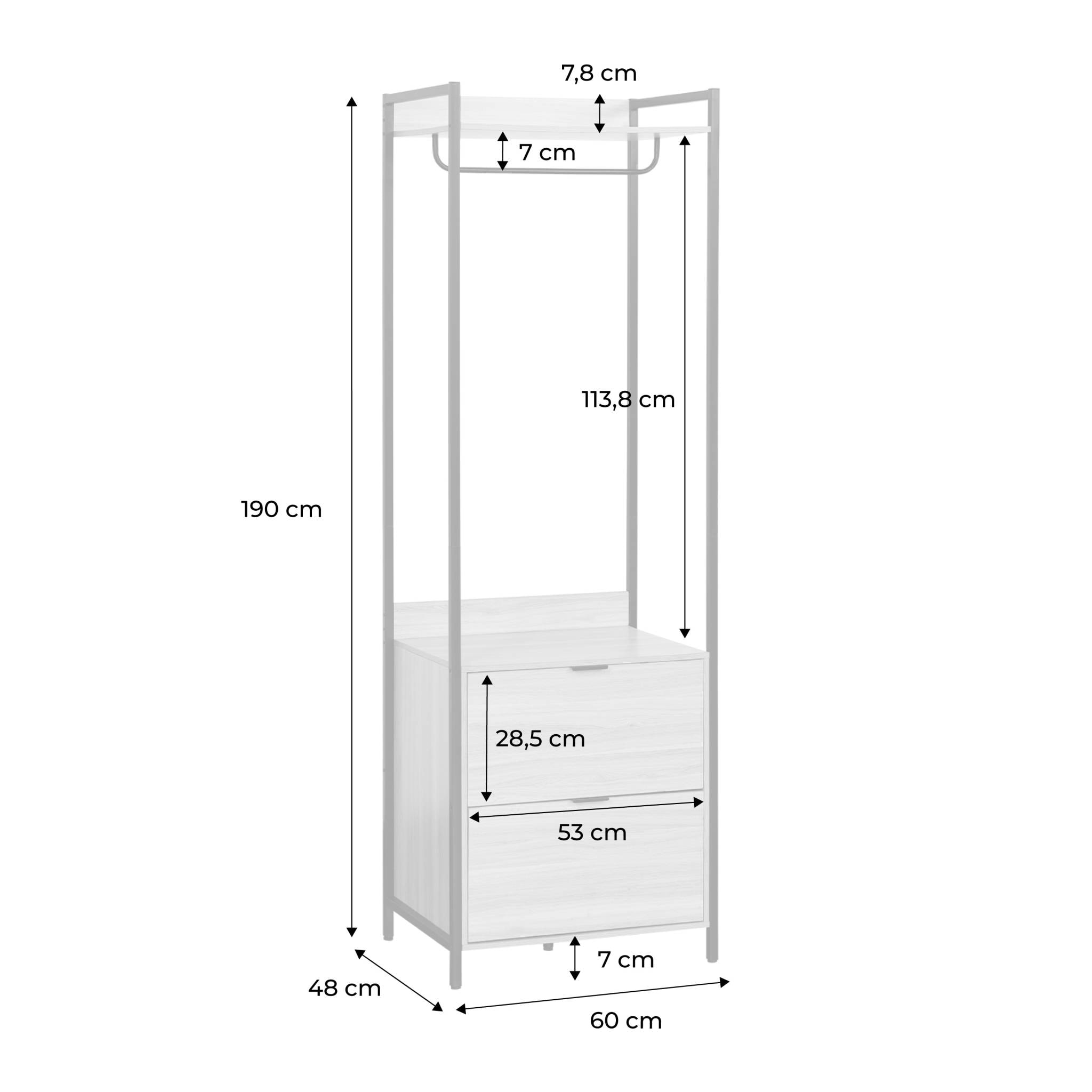 Module dressing noir avec 1 penderie. 2 tiroirs et 1 étagère. L 60 x P 48 x  H 190 cm