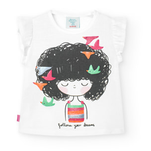 Camiseta niÃ±a, algodÃ³n, estampado, blanco, manga corta.