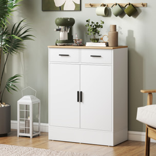 Buffet rangement cuisine 2 portes 2 tiroirs étagère - dim. 68 x 35 x 90 cm - effet bois clair blanc