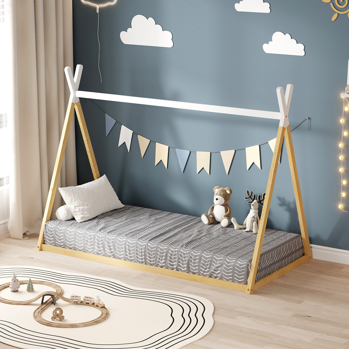 Lit Tipi 90 x 190 cm, couleur Blanc & Bois, En Bois de Pin Naturel, Robustesse et Durabilité, Stimule l'Imagination des Enfants