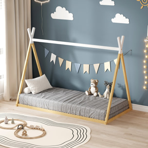 Lit Tipi 90 x 190 cm, couleur Blanc & Bois, En Bois de Pin Naturel, Robustesse et Durabilité, Stimule l'Imagination des Enfants