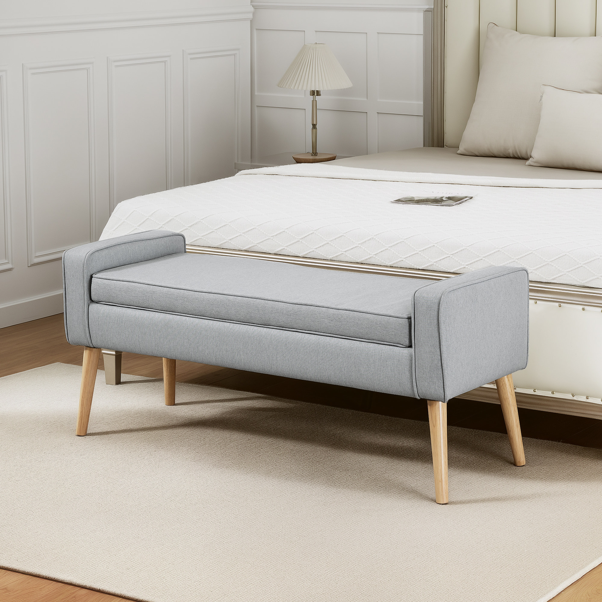Puff Almacenaje Banco Almacenaje Tapizado en Lino Sintético con Tapa Abatible y Patas de Madera para Dormitorio Salón Entrada Carga 120 kg 120x45x54 cm Gris Claro