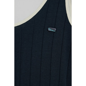 Vestito blu marino a coste con bretelle con bottone madreperlato