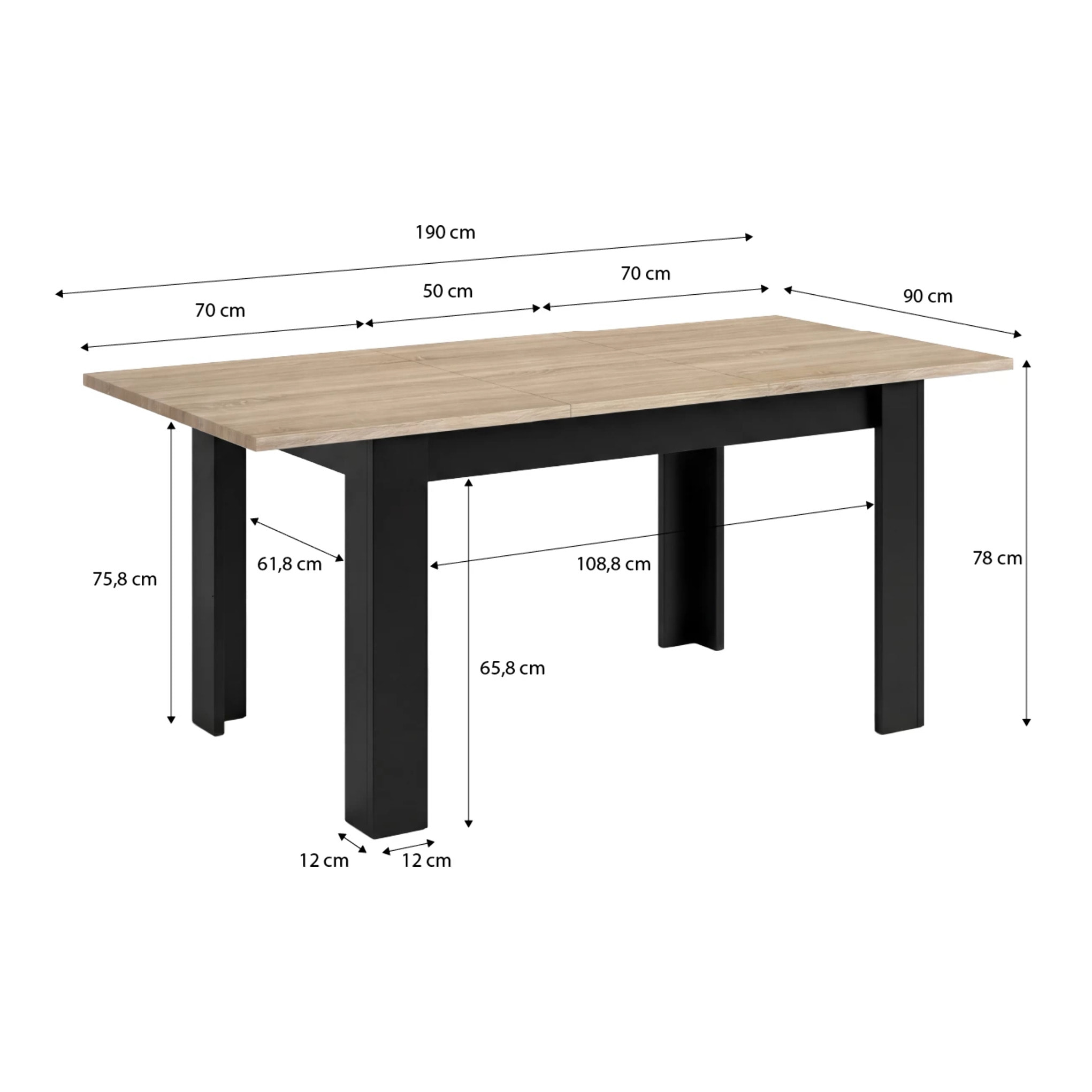 Mesa de comedor extensible en negro mate y roble canadian 140-190x90 cm Sira Negro Mate - Roble Canadian