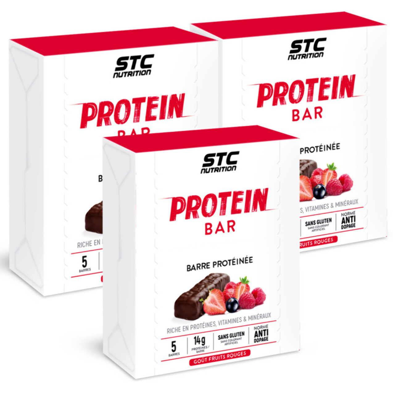 STC Nutrition - Protein Bar Fruits Rouges - 15 g de Protéines par Barre + Vitamines & Minéraux - En-Cas Protéiné - Lot de 3 Étuis de 5 Barres x 45 g