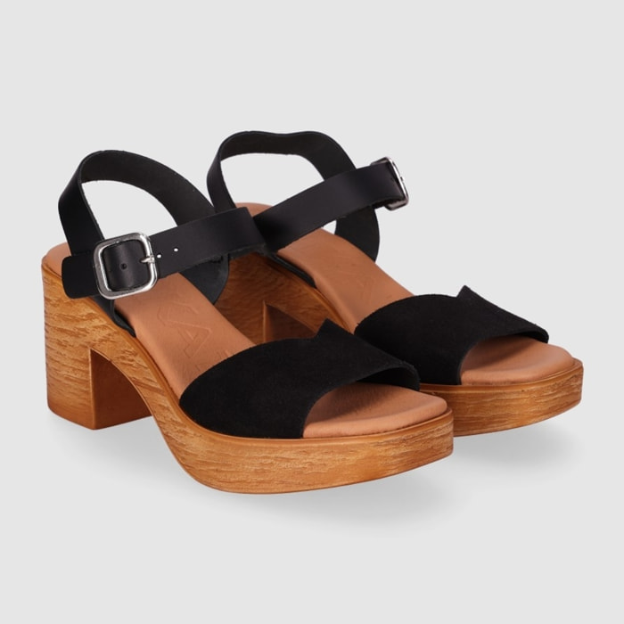 Sandalias de Serraje - Negro - Tacón: 6 cm