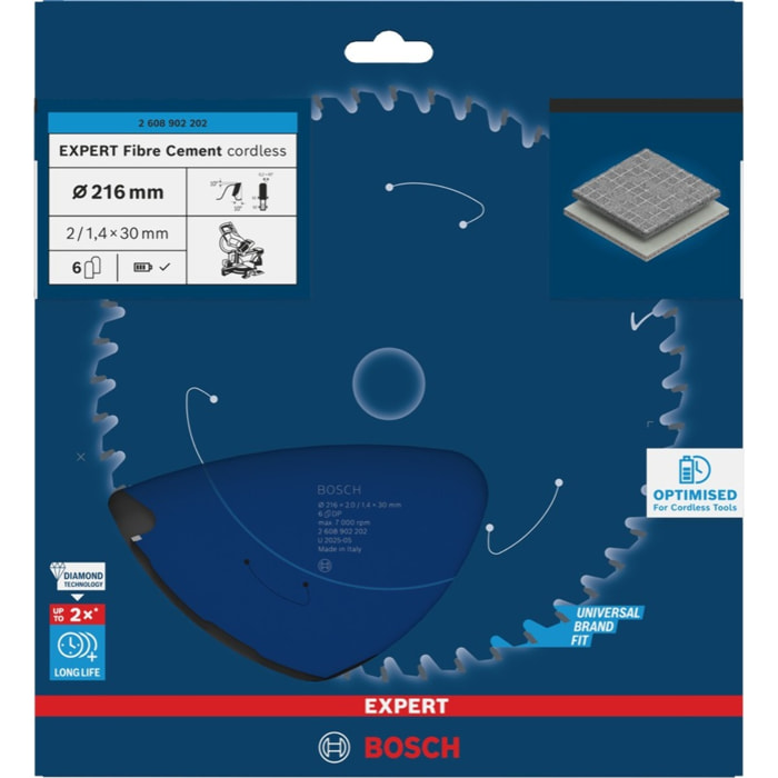 Lame de scie circulaire expert fibre cement cordless 216x30x2,0mm / 6D - BOSCH - 2608902202