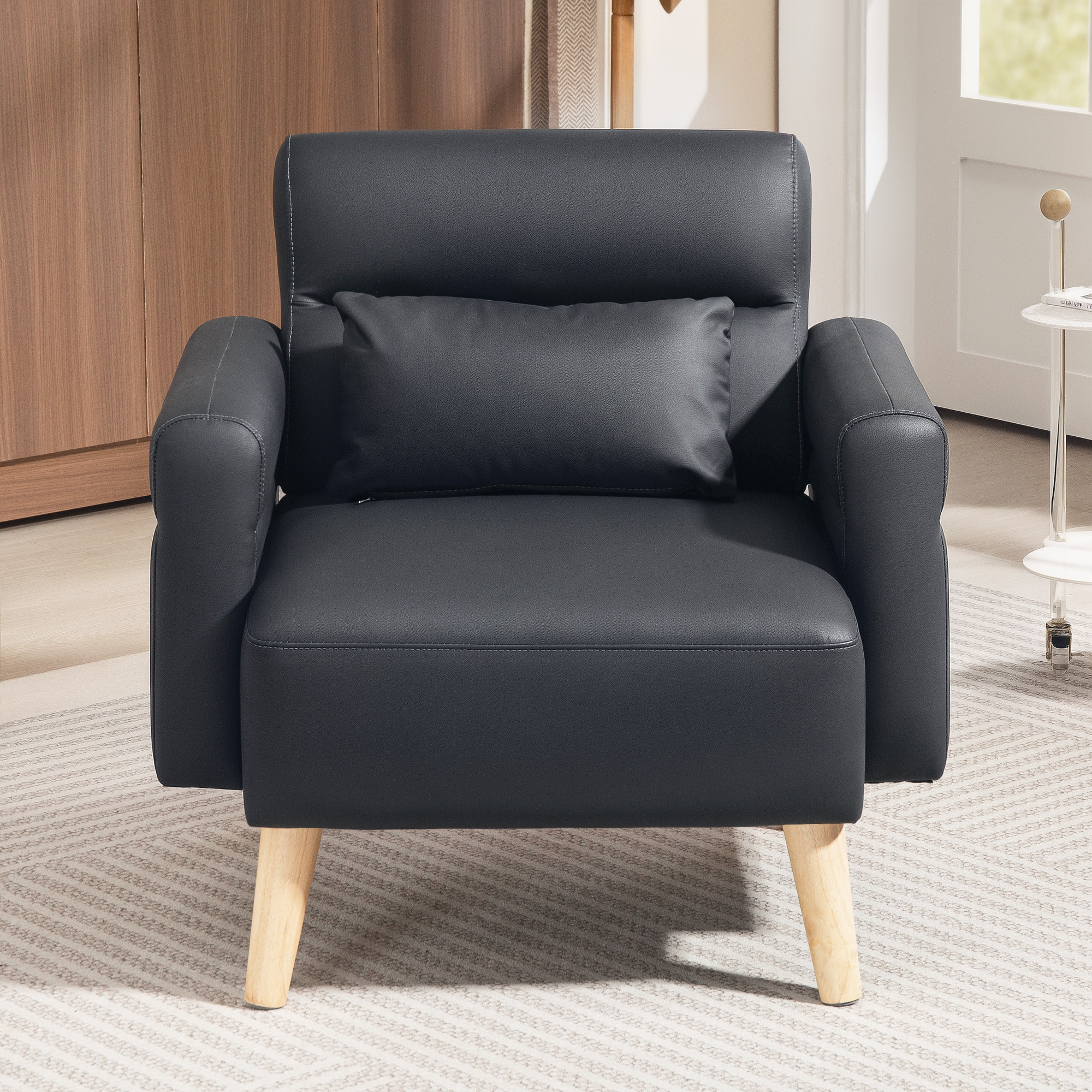 Sillón de Salón Tapizado en Cuero Sintético Butaca de Salón de 77 cm con Reposabrazos Acolchado Grueso Respaldo Acanalado y Patas de Madera para Dormitorio Sala de Estar Negro