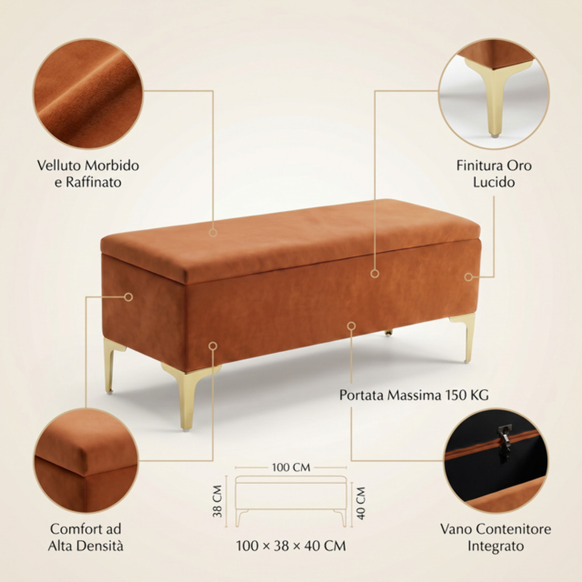 Panca Contenitore in Effetto Velluto con Ampio Vano Portaoggetti, Seduta Imbottita e Gambe in Acciaio, Design Moderno per Camera da Letto, Ingresso e Soggiorno