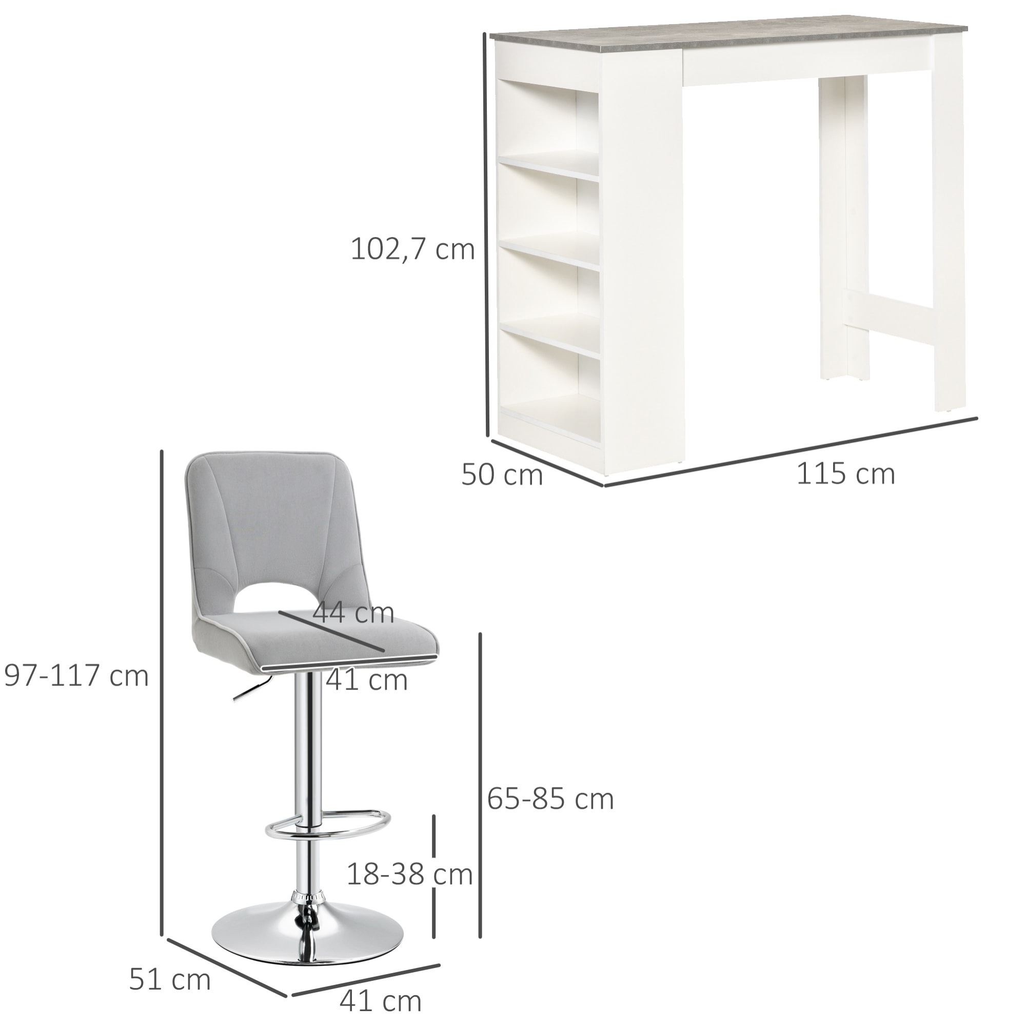 Conjunto de 2 Taburetes de Bar con Altura Regulable y Asiento Giratoria y Mesa de Bar con Estantería de 4 Niveles para Salón Comedor Cocina 41x51x97-117 cm 115x50x102,7 cm Blanco y Gris