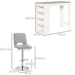 Conjunto de 2 Taburetes de Bar con Altura Regulable y Asiento Giratoria y Mesa de Bar con Estantería de 4 Niveles para Salón Comedor Cocina 41x51x97-117 cm 115x50x102,7 cm Blanco y Gris