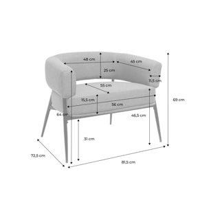 Fauteuil tissu blanc dossier incurvé piétement métal L 81.5 x P 72.5 x H 69 cm - Cristo