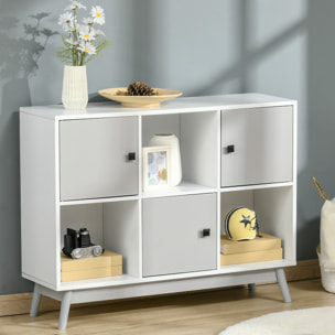 Bibliothèque meuble de rangement design scandinave 3 niches 3 portes panneaux particules blanc gris