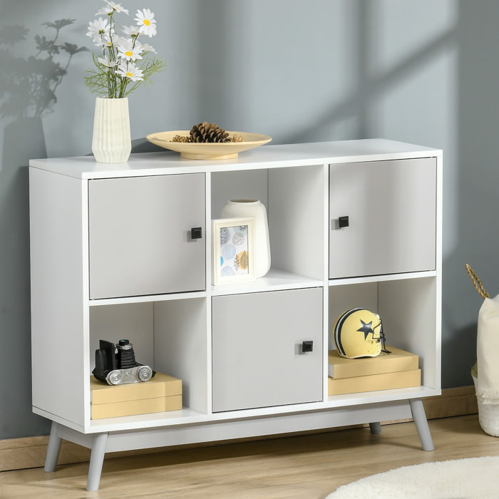 Bibliothèque meuble de rangement design scandinave 3 niches 3 portes panneaux particules blanc gris