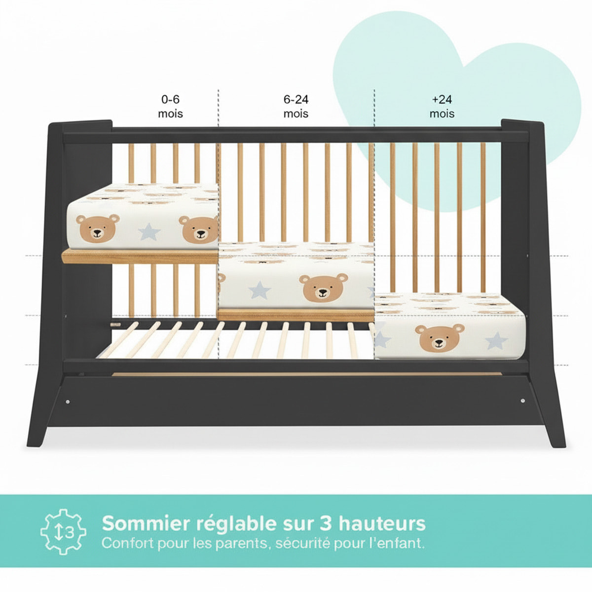 Lit Evolutif Timéo à barreaux 60 x 120 cm, Gris & Bois, En Bois, 3 Hauteurs, Tiroir intégré, Barreaux amovibles