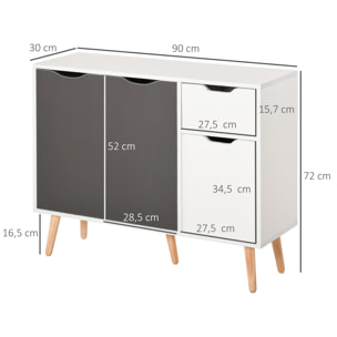 Aparador Moderno Aparador para Salón con 3 Puertas y Cajón Mueble Auxiliar para Salón Cocina Dormitorio 90x30x72 cm Blanco y Gris