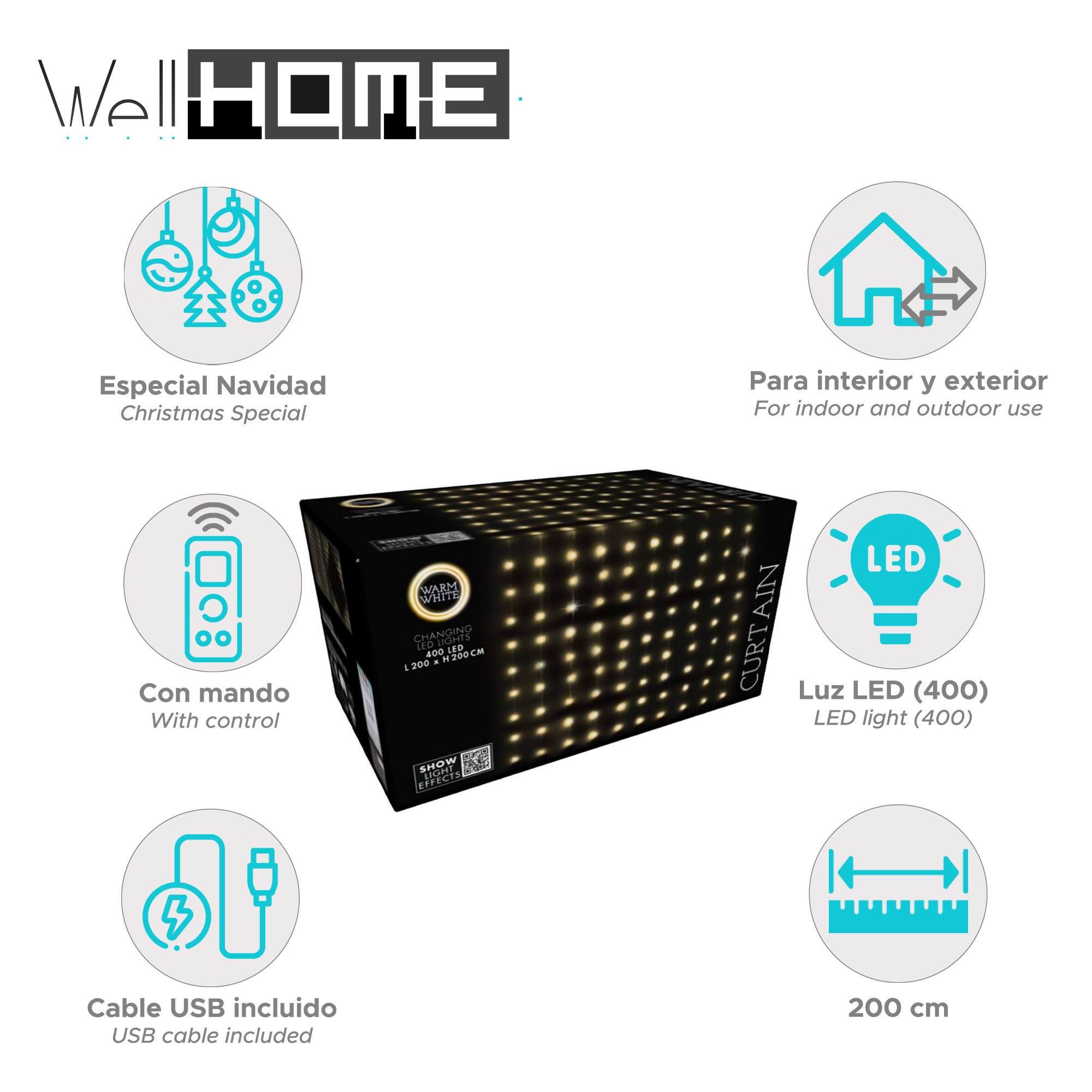 conjunto de luces de cortina con 400 luces led blanco cálido con control remoto 20 cuerdas
