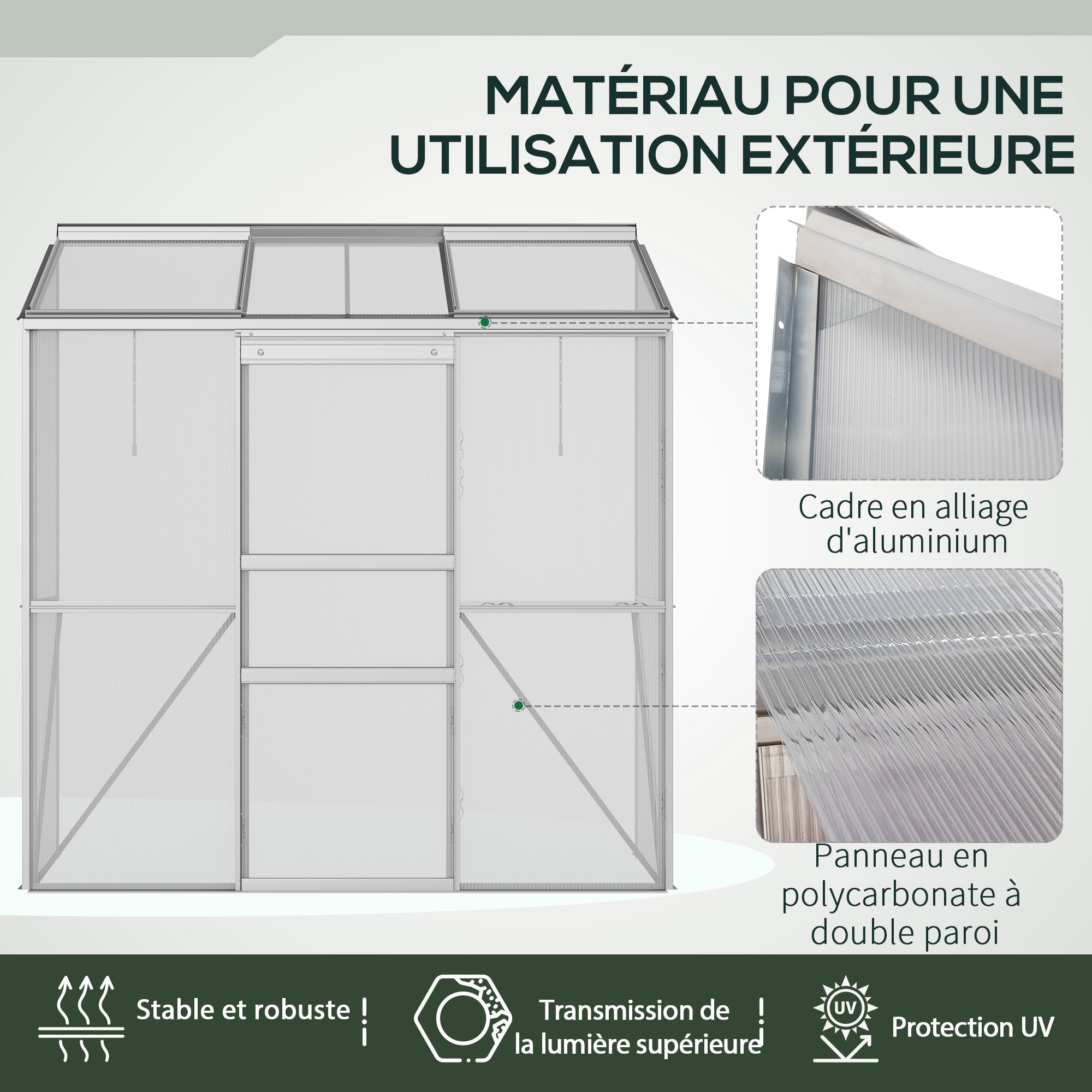 Serre adossée de jardin - 2 lucarnes, 2 portes coulissantes - 190 x 70 x 200 cm - alu polycarbonate transparent