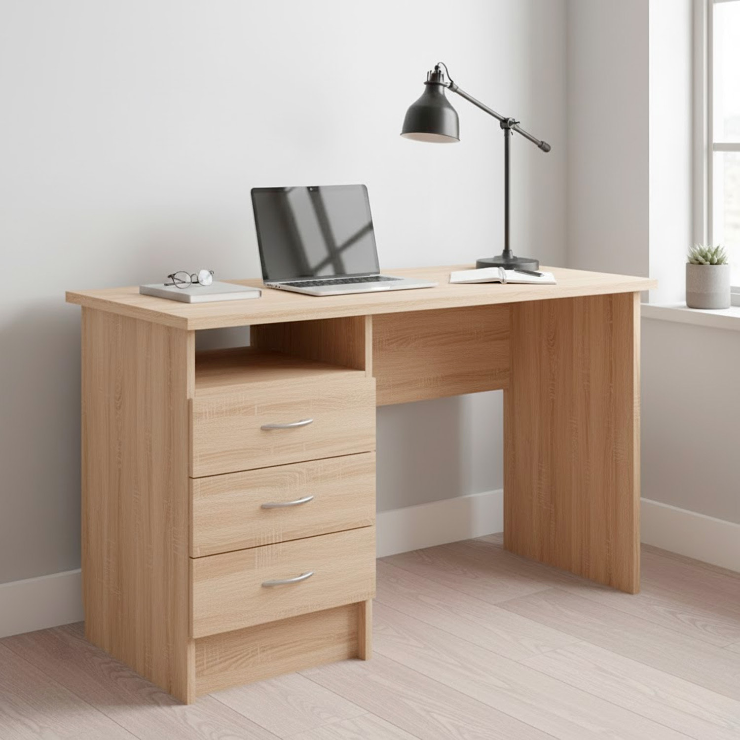 Scrivania Moderna Con 3 Cassetti E Vano a Giorno Desk Salvaspazio Per Home Office Studio E Cameretta Piano di Lavoro Ampio 120.1X48.1X72.6 Cm Rovere