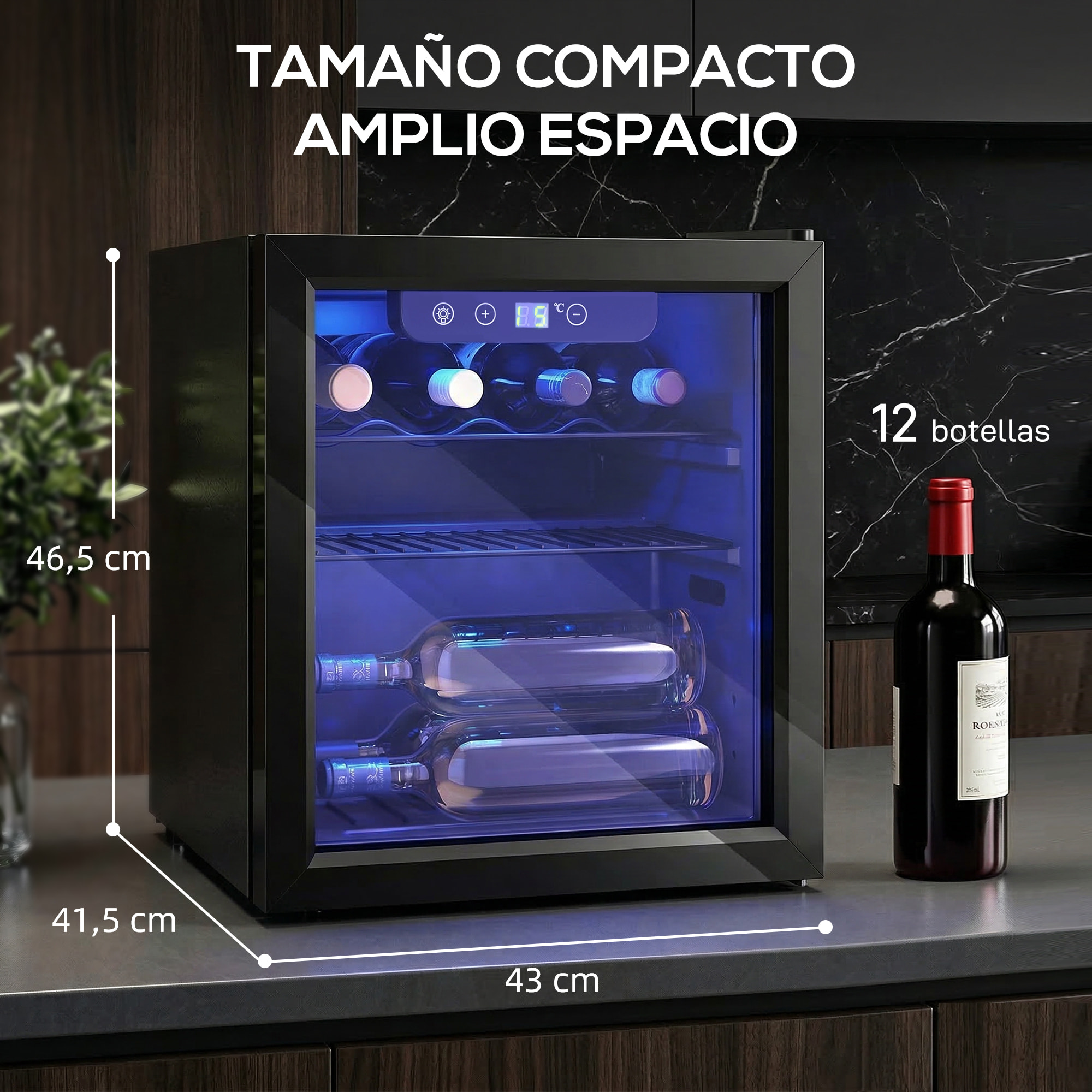 Vinoteca 12 Botellas, Nevera para Vinos con Capacidad de 36 L, Temperatura Ajustable 4-16℃, Puerta de Vidrio, Luz LED, Pantalla Táctil Digital, para Bebidas, Negro