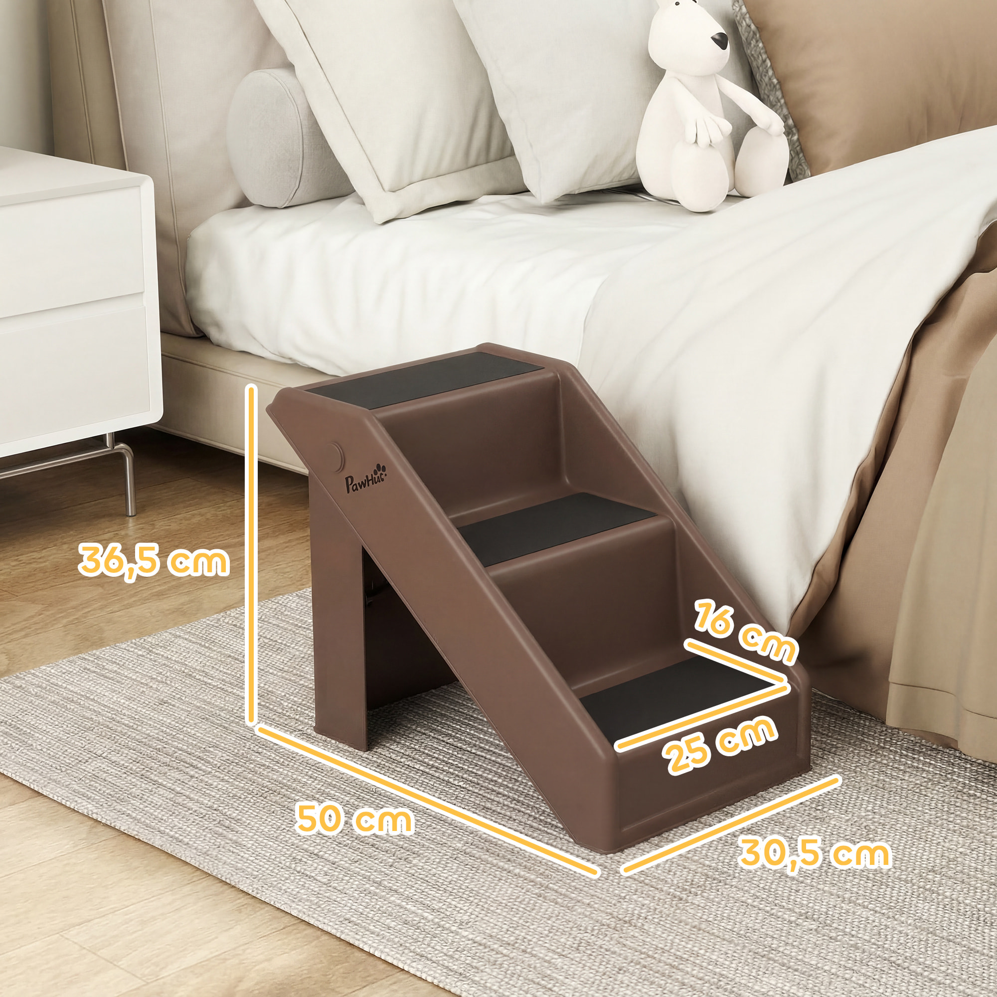 Escalera para Perros Plegable de 3 Peldaños, Portátil, Escalera para Mascotas Mayores, Perros Pequeños, Gatos, para Cama, Sofá, 53x30,5x36,5 cm, Marrón