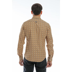 Camicia Uomo 1 Bottoni Button Down Slim Popeline Fantasia Bianco e Arancio
