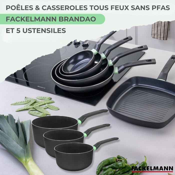Lot de 3 Poêles et Casseroles Fackelmann Brandao avec 5 ustensiles Vario