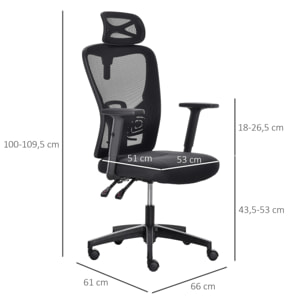 Vinsetto Fauteuil de bureau manager grand confort dossier ergonomique inclinable hauteur assise réglable pivotant tissu maille noir