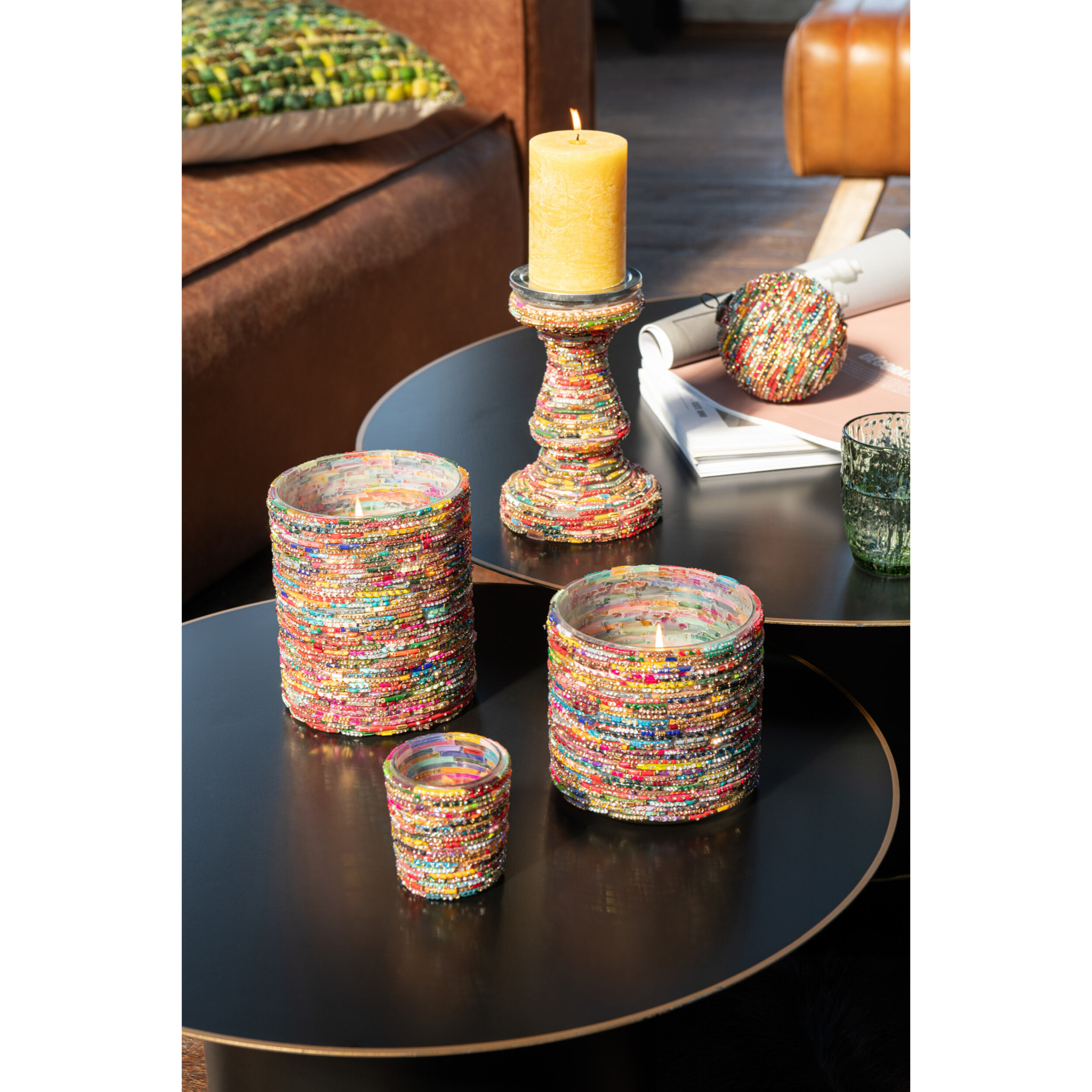 J-Line bougeoir Perles - verre - rose/or - small