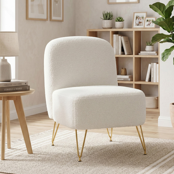 Fauteuil lounge design bouclette piètement épingle acier doré