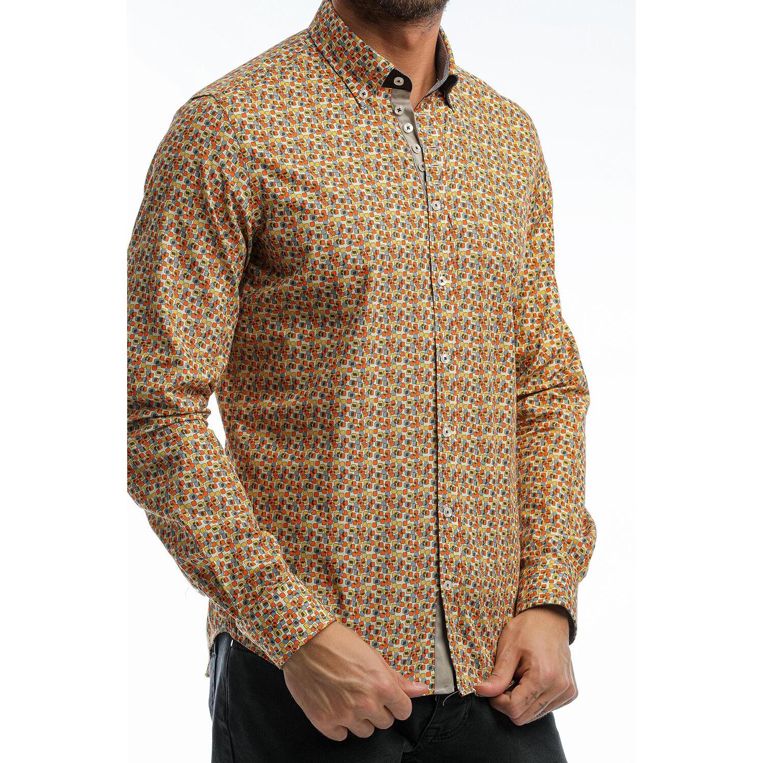 Camicia Uomo 1 Bottoni Button Down Slim Popeline Fantasia Bianco e Arancio