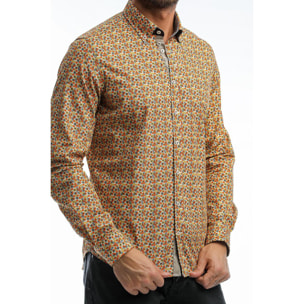 Camicia Uomo 1 Bottoni Button Down Slim Popeline Fantasia Bianco e Arancio