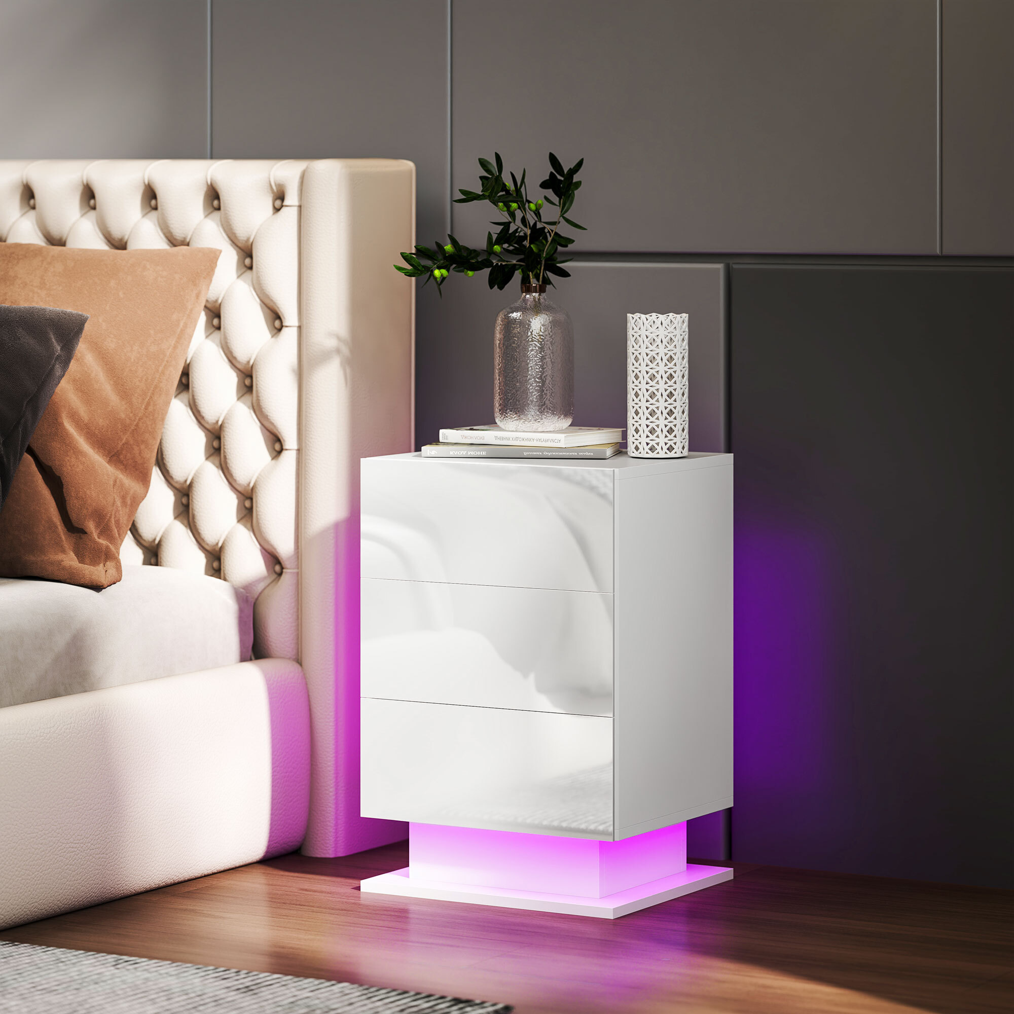 Mesita de Noche con Tira de Luz LED Multicolor Variable Mesa Auxiliar con 3 Cajones Estilo Moderno Mesilla de Noche para Dormitorio Salón 40x35x60 cm Blanco Brillo