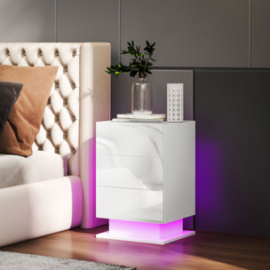Mesita de Noche con Tira de Luz LED Multicolor Variable Mesa Auxiliar con 3 Cajones Estilo Moderno Mesilla de Noche para Dormitorio Salón 40x35x60 cm Blanco Brillo