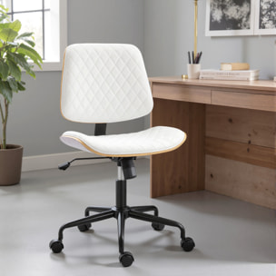 Silla de Escritorio sin Brazos, Silla de Oficina Giratoria, Tapizada en Cuero Sintético, con Respaldo Curvado, Asiento Forma U, Altura Ajustable, Basculante, Blanco
