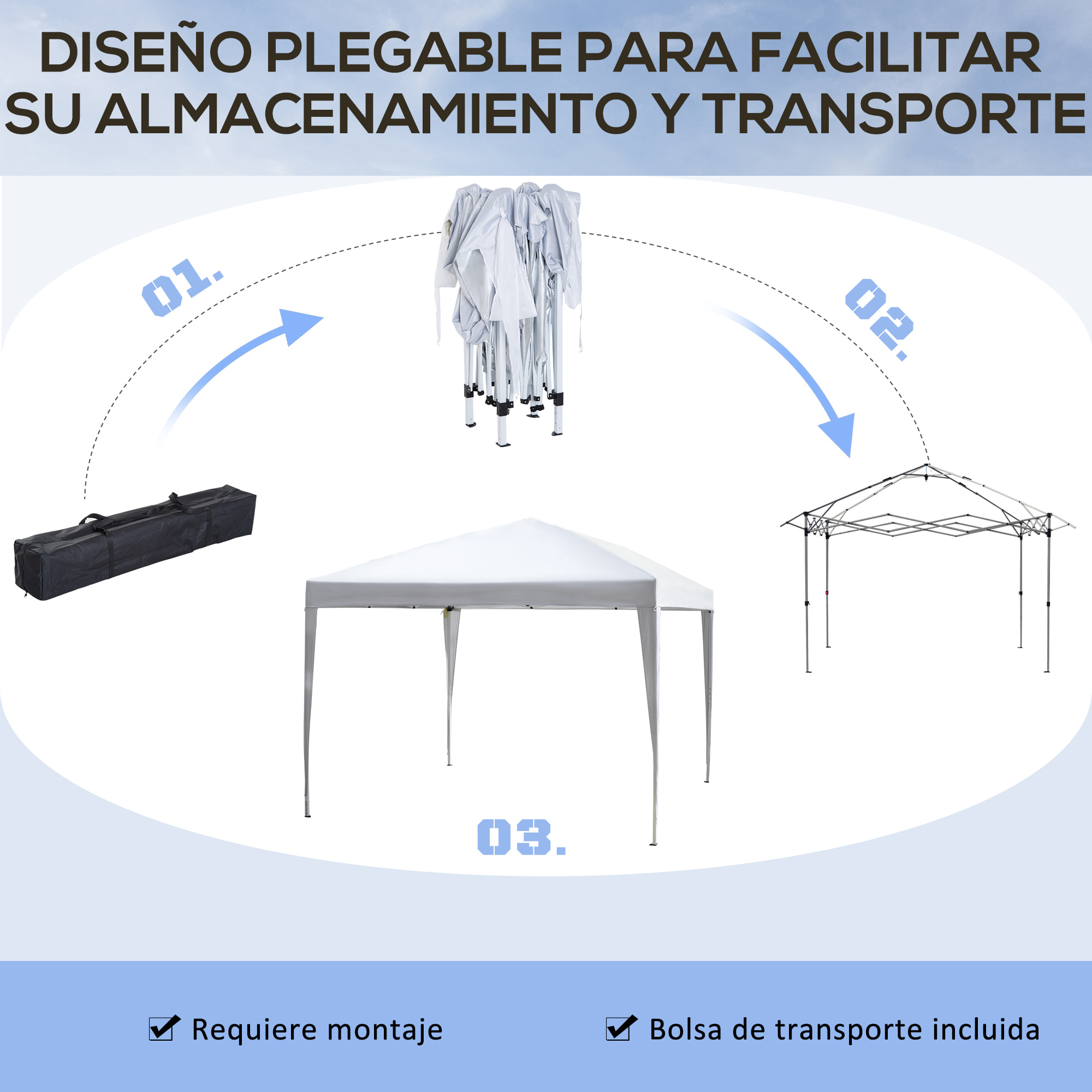 Outsunny Carpa Plegable 3x3 m Cenador de Jardín Gazebo con Bolsa de Transporte Altura Ajustable en 3 Niveles Anti-UV e Impermeable para Terraza Patio Playa Blanco