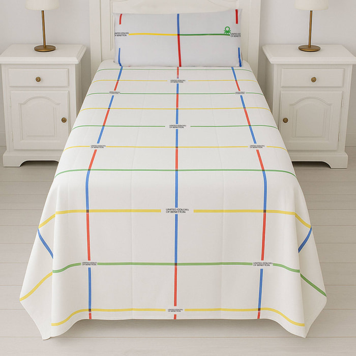 Set 3pc cama (sábana bajera 90x200+30cm + sábana encimera 160x240cm + funda almohada 45x110cm) rainbow benetton 70%algodón + 30% poliéster